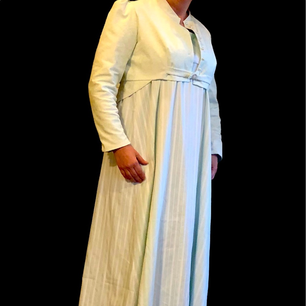 Regency Day Dress with cotton velvet Jacket in a subtle lime mint green/white.